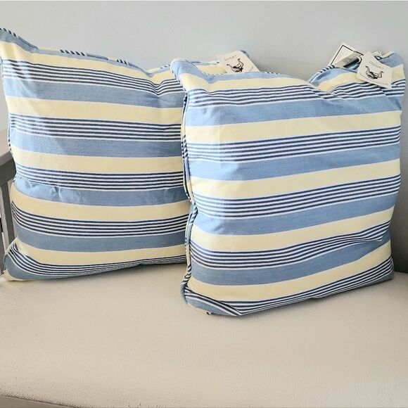 NEWPORT Yellow And Blue Stripe Pillows Duck Feather Fill Decorative Pillow Beach - Picture 1 of 7
